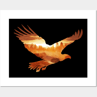 Fly eagle with landscape double exposure Posters and Art